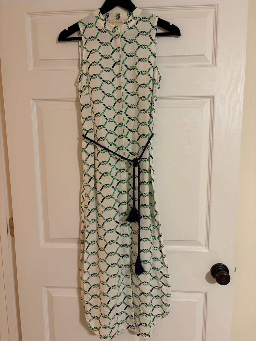 Tory Burch Isle Rope Dress Green White Maxi Midi Sleeveless XS